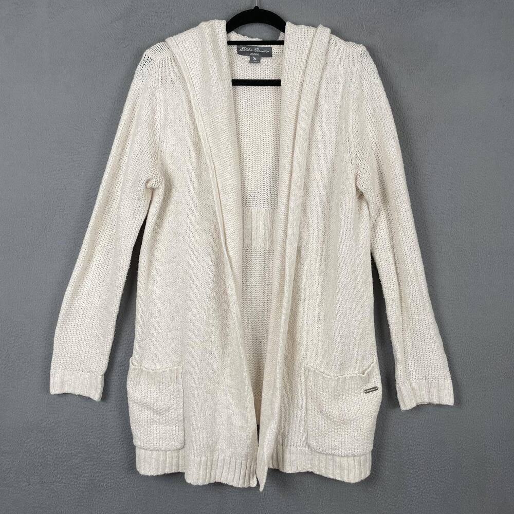 Eddie Bauer Sweater Cardigan Womens XS/S White Hooded Pockets Open-Knit Lounge